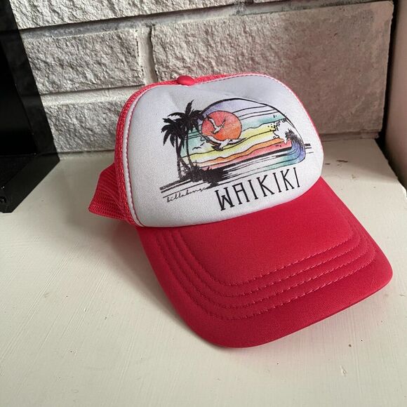 Billabong Pink and White Waikiki Hawaii Souvenir Trucker Baseball Cap Hat - Picture 1 of 5